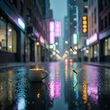 余温的信徒作品封面：雨夜街道与咖啡杯